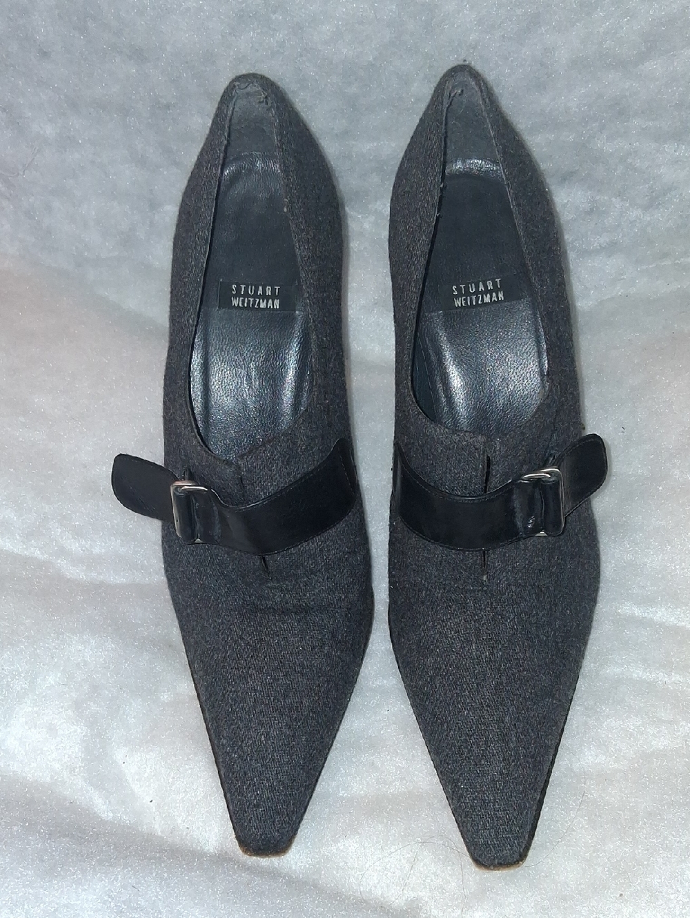 Stuart Weitzman Pointed Wool Buckle Heels in Charcoal